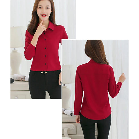 GAOKE OL Work Wear White Blue Blouse Long Sleeve Turn-down Collar Formal Elegant Female Shirt Ladies Tops School