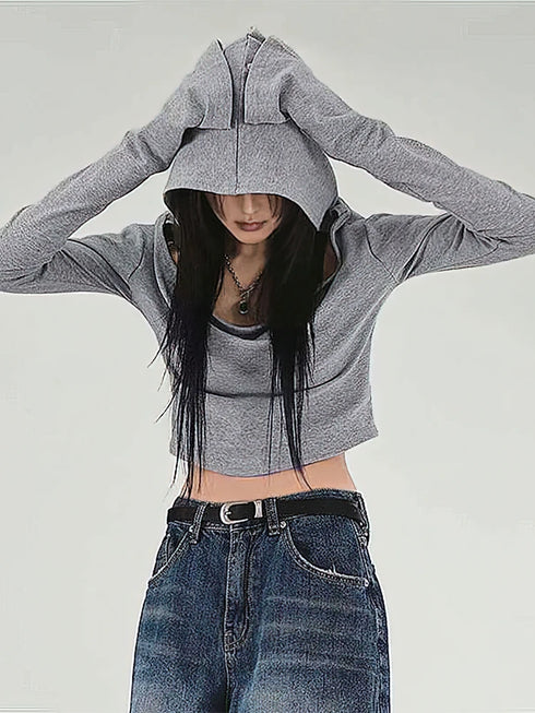 Y2K Grey Cropped Hoodie with Flare Sleeves