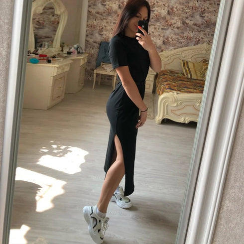 Summer Korean Style Midi Dress Women Casual Black Maxi T Shirt Dress Plus Size Short Sleeve Side Open Party Look