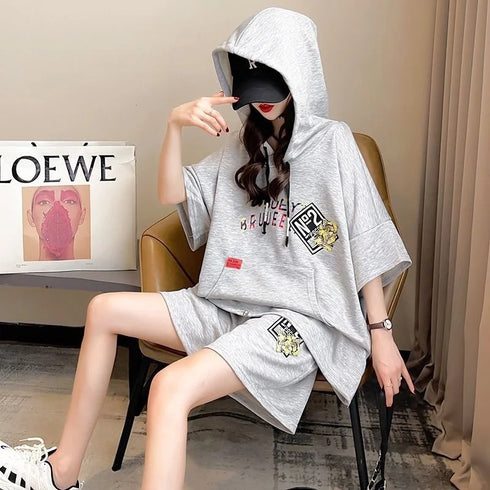 Women's Casual Hooded Cotton Two Piece Set