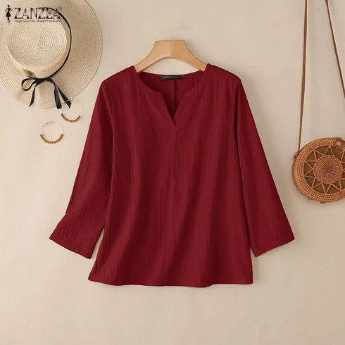2025 ZANZEA Autumn Blouse Women V Neck Long Sleeve Tops Casual Solid Loose Shirt Female OL Work Blouses Retro Tunic Blusas Mujer