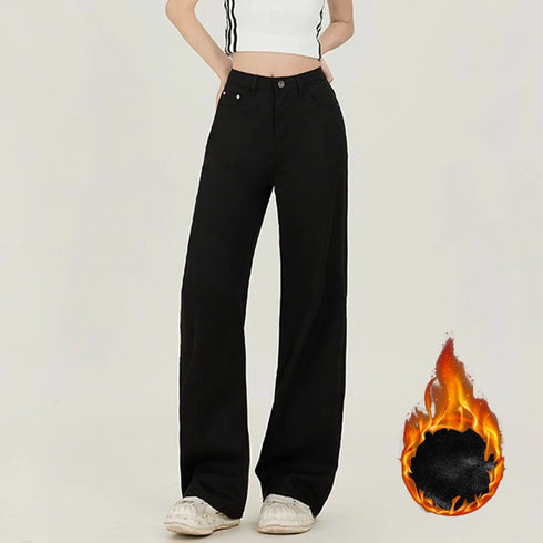 High Waist Fleece Thermal Denim Pants for Women