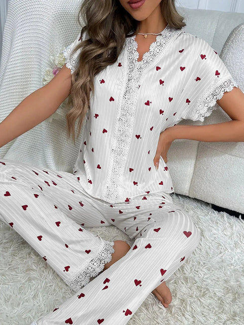 Heart Print Lace Trim Pyjama Set for Women