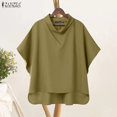 2025 ZANZEA Stylish Office Shirt Women Blouse Chic Pile Collar Half Sleeve Solid Tops Female OL Work Blusas Mujer Loose Chemise