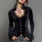 Women's Gothic Elegant Striped Blouse Lace Trim Sexy V Neck Long Bell Sleeve Button Front Shirt Vintage Punk Party Tops 2025