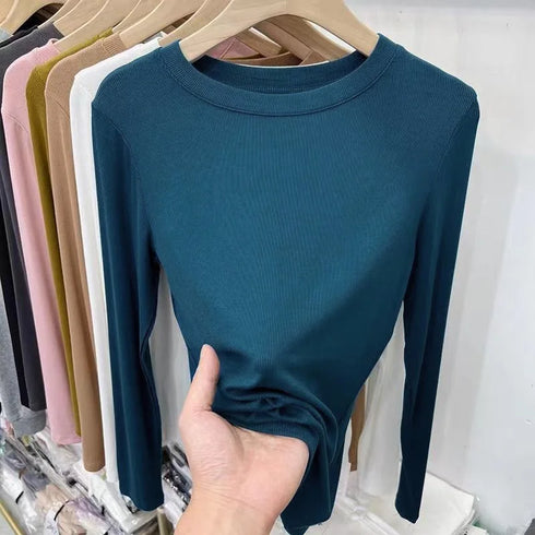 Slim Fit O-Neck Long Sleeve Top for Women