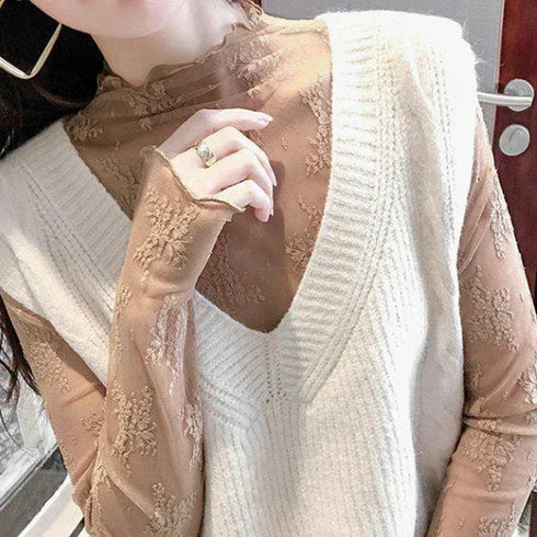 Lace Detail Turtleneck Long Sleeve Blouse