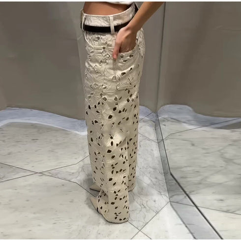 Floral Hollow Out High Waist Wide Leg Jeans