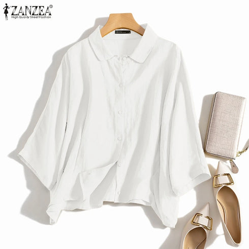 ZANZEA Elegant 3/4 Sleeve Lapel Neck Blouse for Women