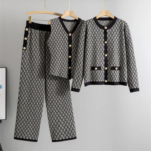 Elegant 3-Piece Knitted Set with Long Sleeve Sweater Coat