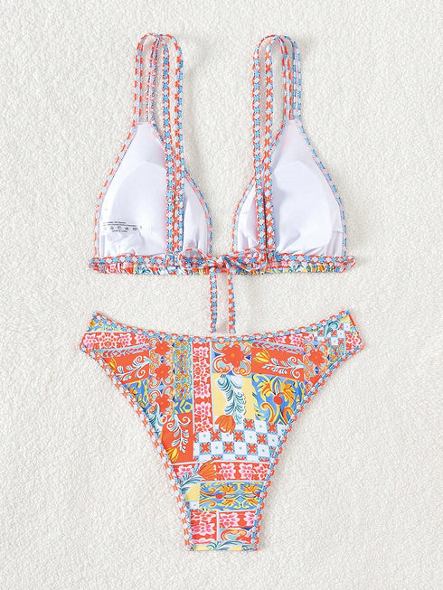 Floral Printed Adjustable Triangle Bikini Set