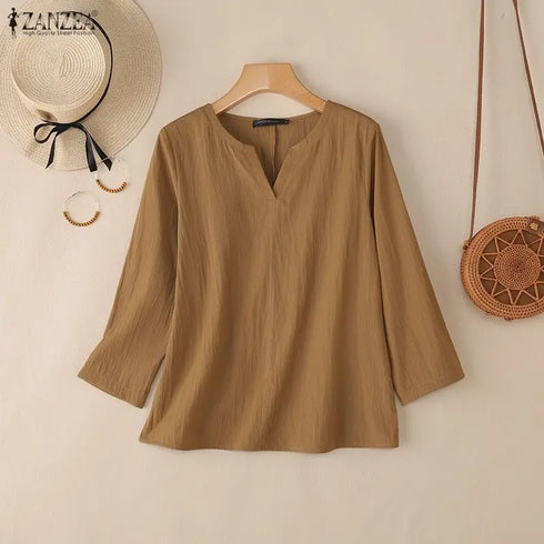 2025 ZANZEA Autumn Blouse Women V Neck Long Sleeve Tops Casual Solid Loose Shirt Female OL Work Blouses Retro Tunic Blusas Mujer