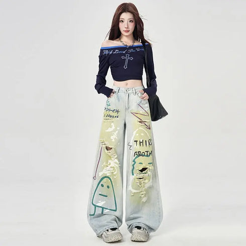 Trendy Y2K Vintage Wide Leg Jeans with Artistic Print