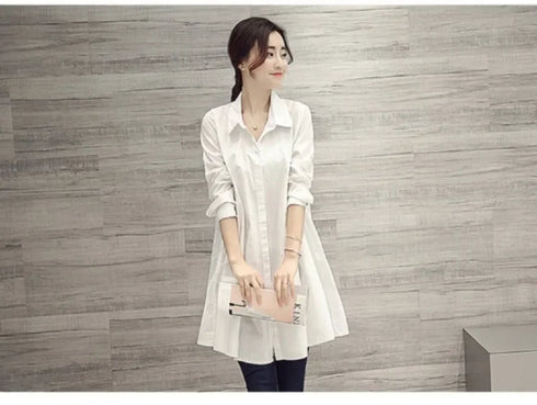 White Casual Oversized Blouses Women 2024 Autumn Korean Fashion Mid Length Winter Loose Long Sleeves Femal Blouses