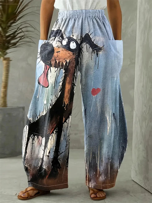 Women's Cartoon Cat Loose Wide-Leg Pants