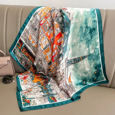 Luxury Design Print Silk Square Scarf Women Soft Satin Horse Hairband Neckerchief Office Hijab Headband Foulard Bag Ribbons Gift