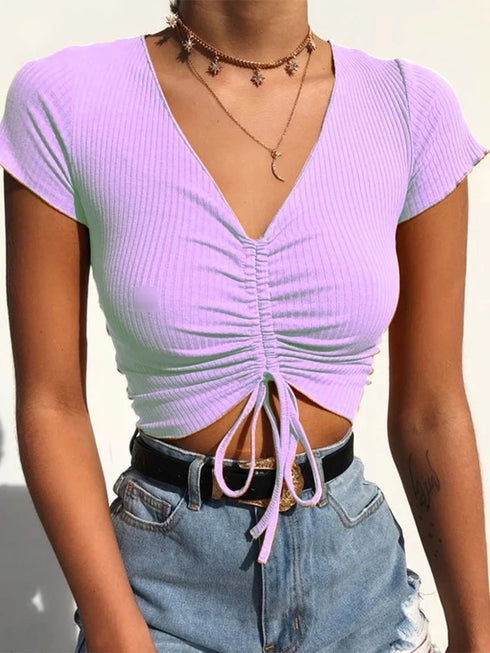 Sexy V Neck Cropped Tank Tops Women Slim Fit Ribbed Camis Candy Colors for Summer Party Streetwear