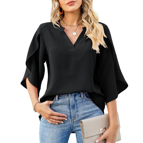 Women's Chiffon V-Neck Blouse with Petal Sleeves