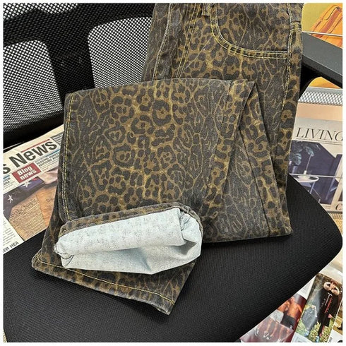 High Waisted Leopard Print Wide Leg Jeans