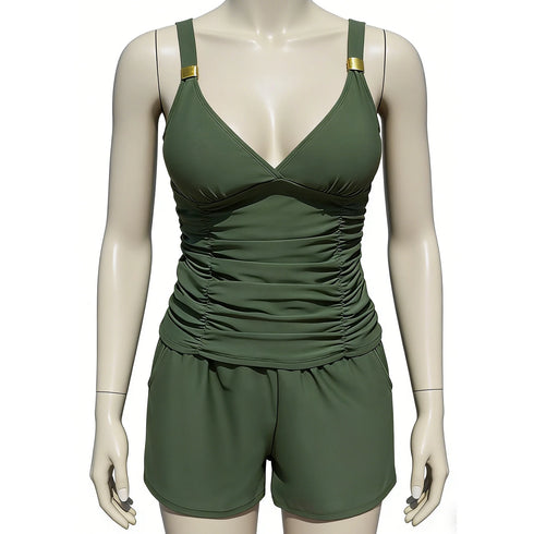 Ruched Tankini Set with Pockets - Green