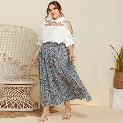 Plus Size Geometric Print Pleated Skirt - Ankle Length