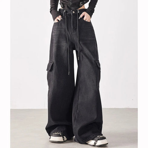 Girls Retro Streetwear Wide Leg Black Jeans
