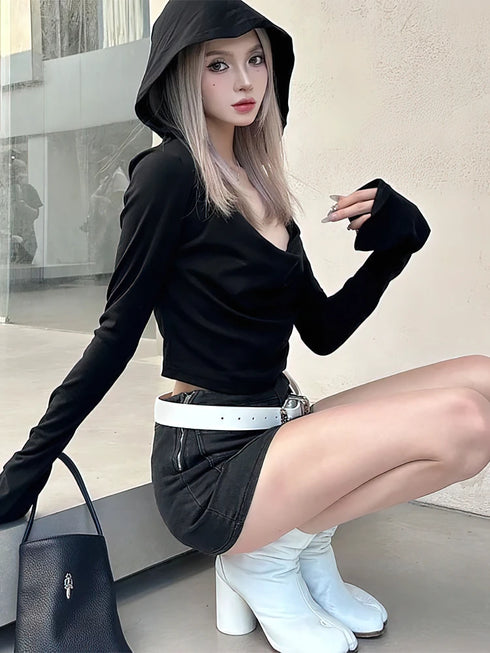 Y2K Grey Cropped Hoodie with Flare Sleeves