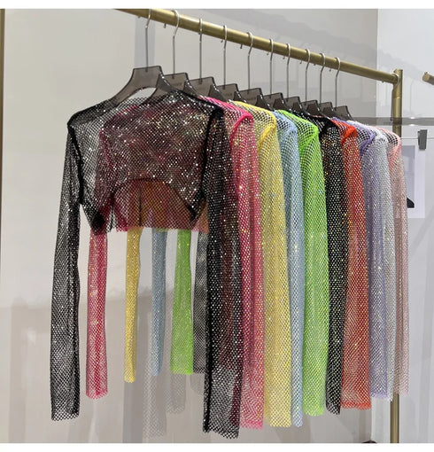 Hollow Out Rhinestone Long Sleeve Crop Top