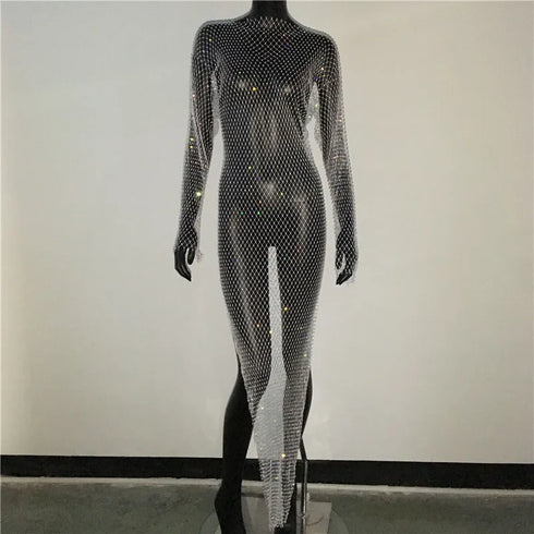 Shiny Rhinestones Grid Fishnet Dress