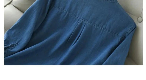 Blue Denim Lyocell Casual V-Neck Blouse