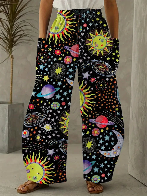Abstract Star and Moon Print Wide-Leg Pants