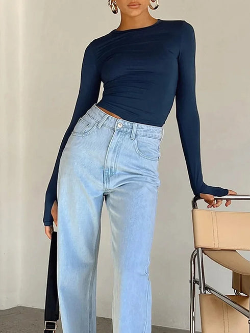 Fashion Women Long Sleeve Crew Neck Slim Fit Crop Top with Thumb Holes for Daily Summer Streetwear