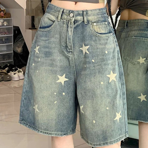 High Waist American Retro Wide Leg Denim Shorts