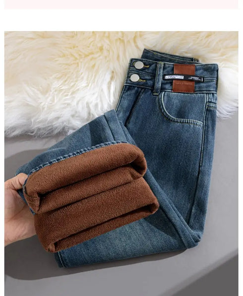 Women's High Waist Wide Leg Jeans - Fleece Lined