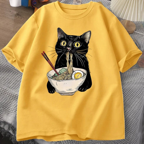 Funny Cat Noodle Ramen T Shirt for Foodie Lovers Unisex Short Sleeve Casual Top for Men Women