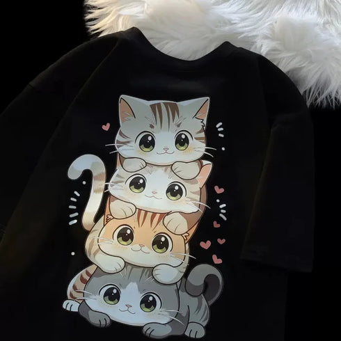 Cute Cartoon Cat Printed Short-Sleeved T-Shirt