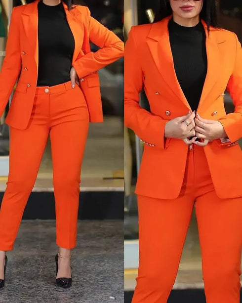 Notched Neck Blazer & High Waist Pants Set for Women