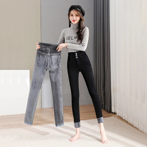 High-Waisted Fleece-Lined Slim Jeans for Women