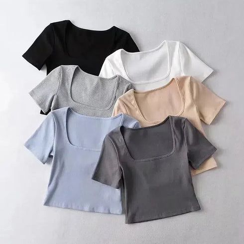 Square Neck Rib Crop T-shirt for Summer