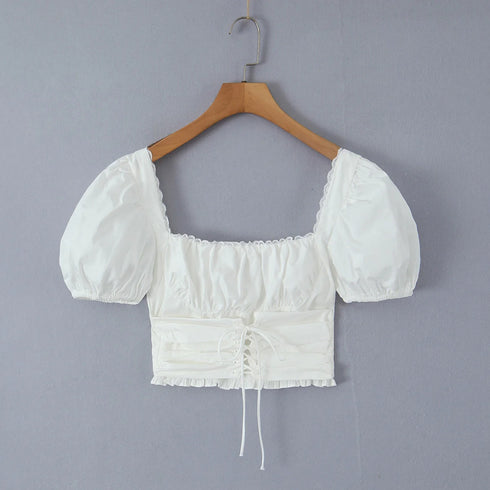 2023 Sexy Corset White Ruched Chest Square Collar Short Puff Sleeve Shirt Women Cross Lacing up Bandage Waist Bodycon Crop Tops