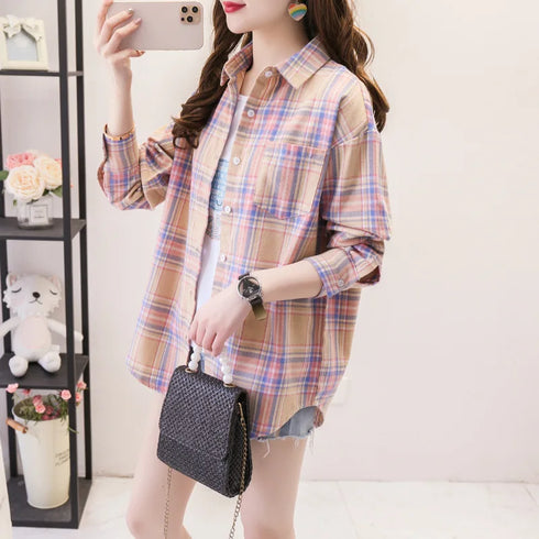 Loose Fit Cotton Plaid Shirt for Women