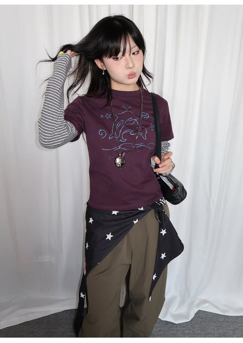 Tonngirl Y2K Vintage Long Sleeve Patchwork T-shirt