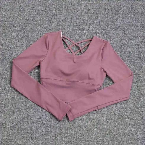 Women's hollow-out back with a built-in bra, long-sleeved yoga top, quick-drying, one-piece bra, pil training fitness suit.