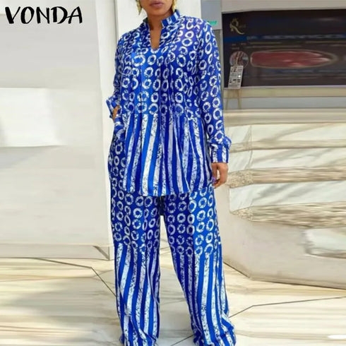 Plus Size VONDA Women Matching Sets Long Sleeve Suits