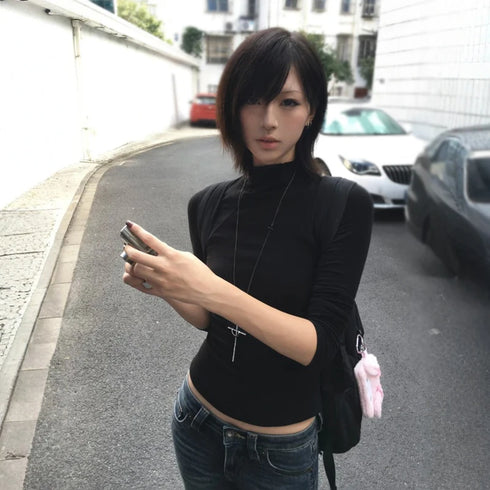 Y2K Japanese Long Sleeve Black Turtleneck Top for Women