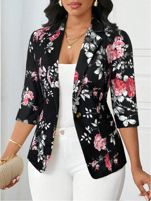 Floral Printed Autumn Blazer with Three Quarter Sleeves