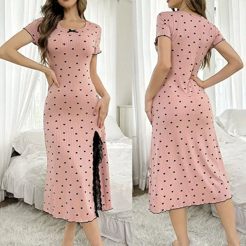 Heart Print Bodycon Midi Nightgown with Lace Slit