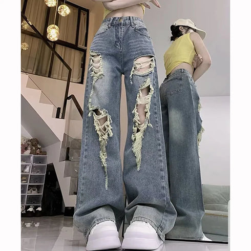 Chic Blue High Waist Loose Flare Jeans