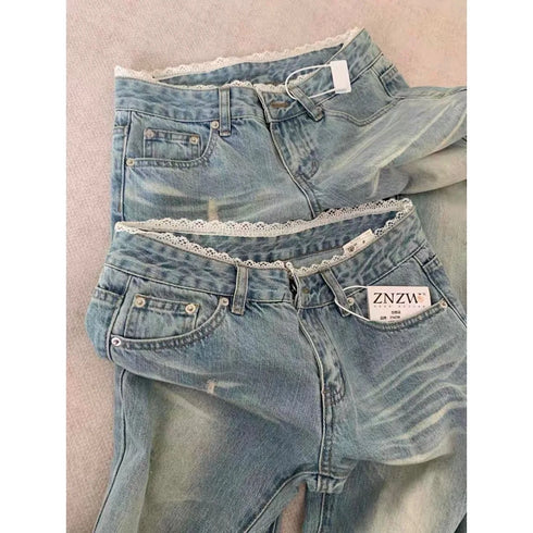 Botvotee Vintage Low Waisted Straight Leg Jeans - Light Blue