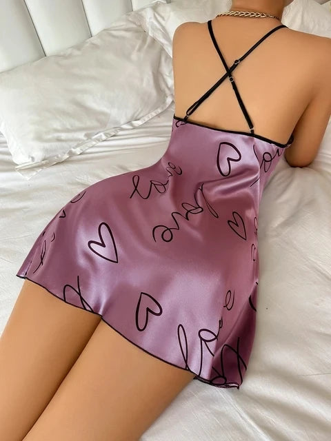 Heart Letter Print Spaghetti Strap Nightdress